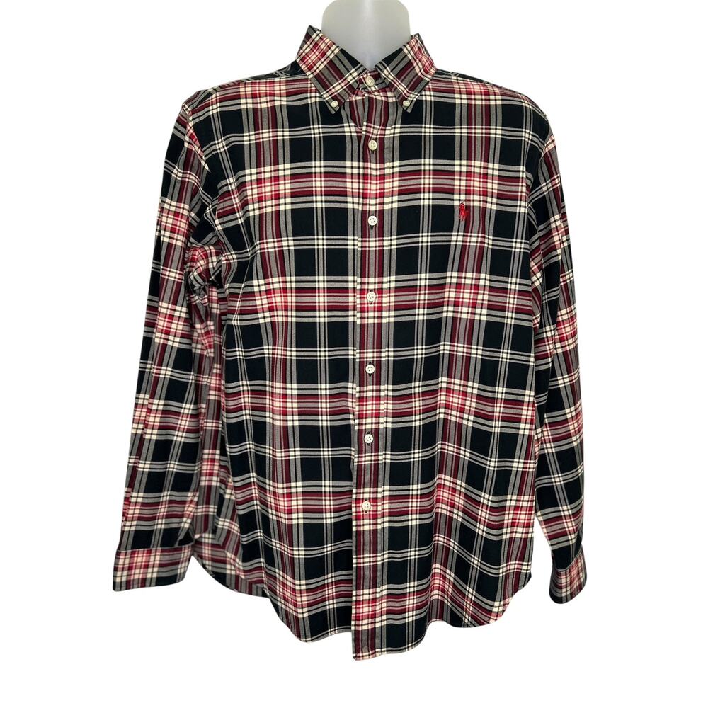 Ralph Lauren Classic Fit Black Red Plaid Button Down 100% Cotton Shirt Large